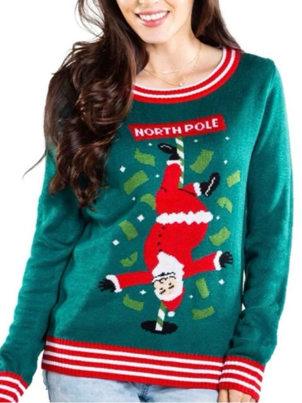 Tipsy Elves Green santa Dancing Pole Crewneck Sweater with Red & White Trim